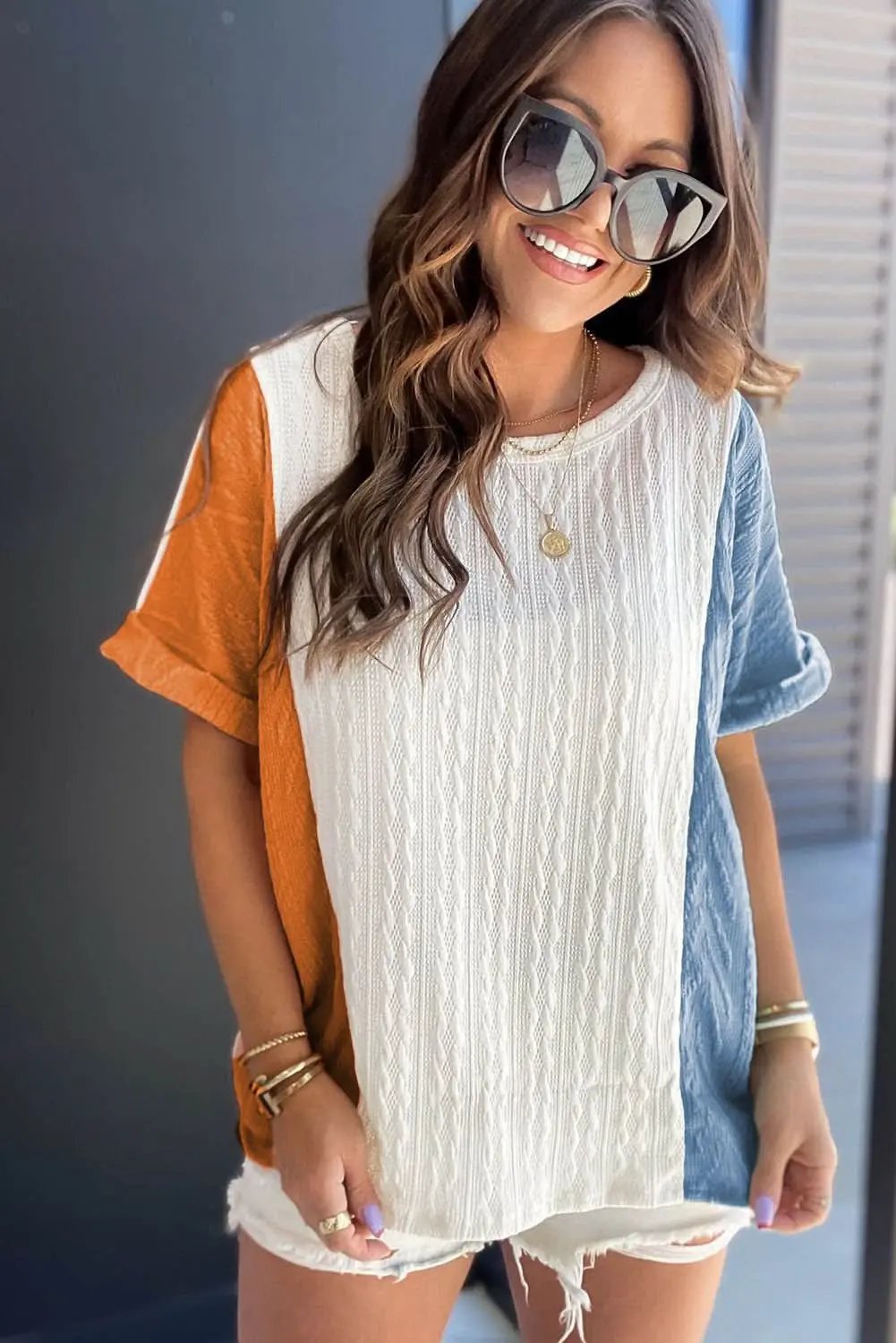 Light Blue Textured Color Block Loose Fit T Shirt - Love Salve